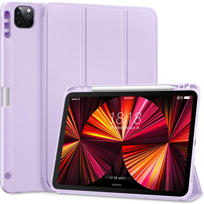 For iPad Pro 11 inch 4th/3rd/2nd/1st Generation 2022/2021/2020/2018-Slim Trifold Stand Soft TPU Back Cover with Built-in Pencil Holder